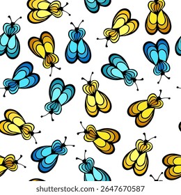 Moth insect cartoon illustration vector seamless pattern.  Baby cloth textile print. Moth butterfly repeating summer pattern. Children drawing sketch design.