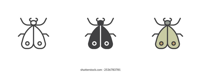 O conjunto de ícones de estilo diferente de inseto mariposa. Linha, glifo e preenchido esboço versão colorida, contorno e sinal de vetor preenchido. Símbolo de borboleta Mole, ilustração do logotipo. Gráficos vetoriais