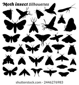 Moth insect type silhouette vector set.