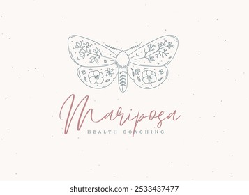 Marca mariposa design lettering mariposa saúde coaching desenho em estilo floral no fundo bege