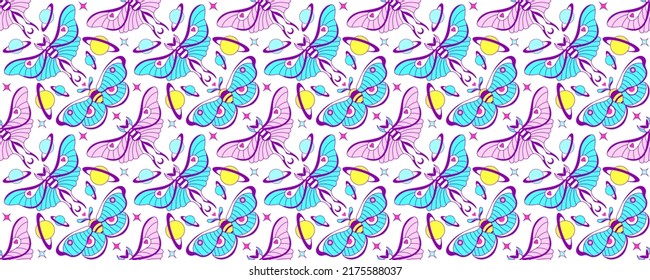 Moth and magic butterflies on Celestial seamless backgrounds. Cosmic Vibrant colorful wallpaper. Backdrop for yoga, fabric design, witchcraft digital or wrapping paper