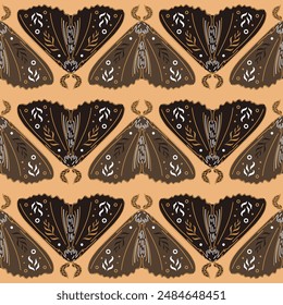 Moth, magical symbols, wormwood and fern. Seamless pattern in Scandinavian folk style. Halloween, witch, witchcraft, astrology, mysticism. For wallpaper, fabric, background.