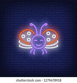 Moth neon sign. Cartoon smiling face, wings, butterfly on brick wall background. Vector illustration in neon style for topics like blooming, nature, beauty