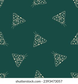 Moth on a dark green background. Simple vector seamless pattern. For fabric prints, textile products, men's clothing.