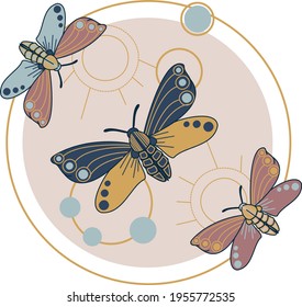 La luna en la luna. Ilustración vectorial con polillas y luna. 