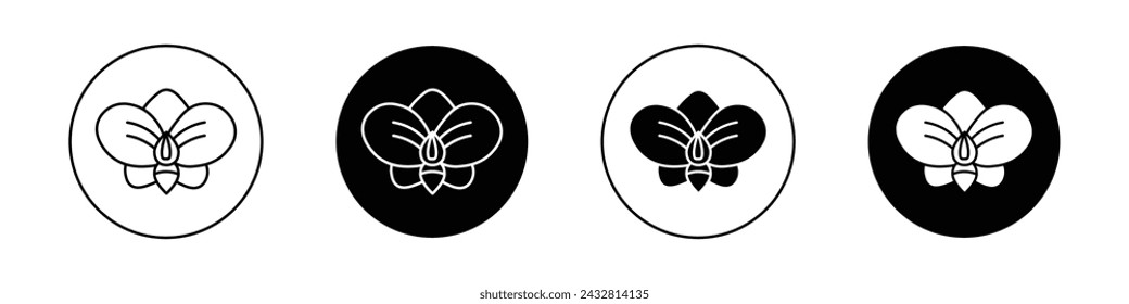 Moth Orchid Icon Set. Orchid flower plant vector symbol in a black filled and outlined style. Delicate Grace Sign.
