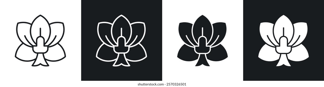 Moth orchid icons vectors set in black. line and flat versions