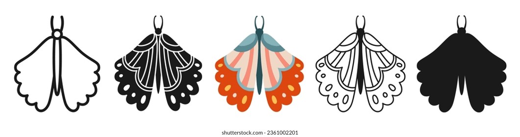 Moth or ornate butterfly retro set. Mystical bohemian symbol insect wings with ornament. Colored, silhouette or symbol, doodle tattoo, line ornate celestial moth. Vintage decoration ornate vector