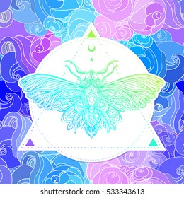 Moth over beautiful vintage cloud pattern. Vector illustration. Psychedelic neon composition. Indian, Buddhism, Spiritual Tattoo, yoga, spirituality. Sticker, patch, poster graphic design.