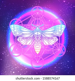 Moth over mandala. Beautiful vintage round pattern. Vector illustration. Psychedelic neon composition. Indian, Buddhism, Spiritual Tattoo, yoga, spirituality. Sticker, patch, poster graphic design.