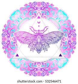 Moth over mandala. Beautiful vintage round pattern. Vector illustration. Psychedelic neon composition. Indian, Buddhism, Spiritual Tattoo, yoga, spirituality. Sticker, patch, poster graphic design.