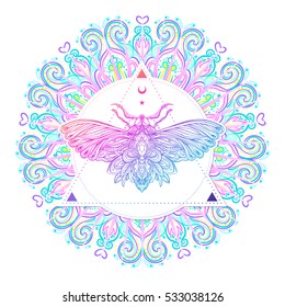 Moth over mandala. Beautiful vintage round pattern. Vector illustration. Psychedelic neon composition. Indian, Buddhism, Spiritual Tattoo, yoga, spirituality. Sticker, patch, poster graphic design.