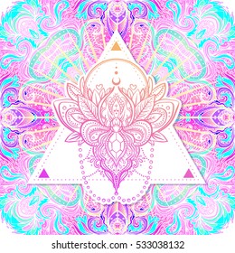 Moth over mandala. Beautiful vintage round pattern. Vector illustration. Psychedelic neon composition. Indian, Buddhism, Spiritual Tattoo, yoga, spirituality. Sticker, patch, poster graphic design.