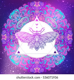 Moth over mandala. Beautiful vintage round pattern. Vector illustration. Psychedelic neon composition. Indian, Buddhism, Spiritual Tattoo, yoga, spirituality. Sticker, patch, poster graphic design.