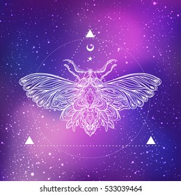 Moth over starry night sky. Vector illustration. Psychedelic neon composition. Indian, Buddhism, Spiritual Tattoo, yoga, spirituality. Sticker, patch, poster graphic design.