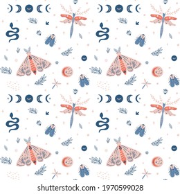 Moth pattern, butterfly summer seamless pattern, moon moth, modern insects texture, wings background