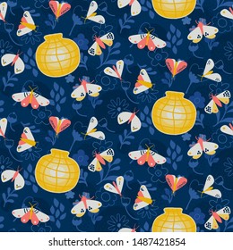 Moth pattern - seamless flying moths in the evening with lamps on dark blue background with flowers