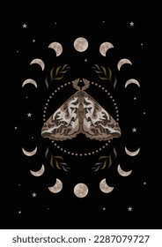 Moth, phases of the moon and stars, herbs. Vector illustration in ethnic style. Halloween, magic, witchcraft, astrology, mysticism. For logo, posters, cards, banners, fabric printing, tattoo design