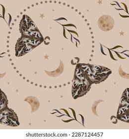 Moth, phases of the moon and stars, herbs. Seamless pattern, vector illustration in ethnic style. In earthy tones. magic, witchcraft, astrology, mysticism. For wallpaper, fabric, wrapping, background.