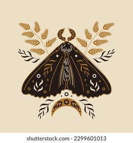 Moth, phases of the moon and stars, wormwood and fern. Vector illustration in scandinavian folk style. Halloween, magic, witchcraft, astrology, mysticism. For logo, posters, cards, banner, tattoo