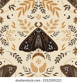 Moth, phases of the moon and stars, wormwood and fern. Seamless pattern in scandinavian folk style. Halloween, magic, witchcraft, astrology, mysticism. For wallpaper, fabric, background.