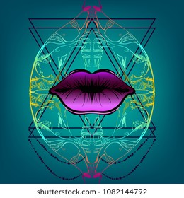  Moth and purple mouth for post card. insect vector and pink ornament on blue background. element for visit card or wedding invitation. Sacred geometry, spirituality, occultism for print