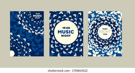 Moth round light concept music night poster.  creative summer butterfly pattern composition set for poster, invitation, cards. 
