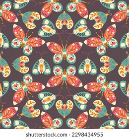 Moth seamless pattern. A butterfly decorated with a collection of flowers. Hand drawn doodle illustration in simple scandinavian style. Pastel palette. Vector on a dark purple background