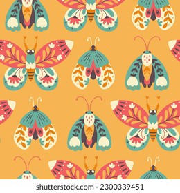 Moth seamless pattern. A butterfly decorated with a collection of flowers. Hand drawn doodle illustration in simple scandinavian style. Pastel palette. Vector on orange background