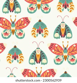 Moth seamless pattern. A butterfly decorated with a collection of flowers. Hand drawn doodle illustration in simple scandinavian style. Pastel palette. Vector on a white background