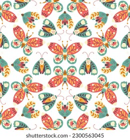 Moth seamless pattern. A butterfly decorated with a collection of flowers. Hand drawn doodle illustration in simple scandinavian style. Pastel palette. Vector on a white background