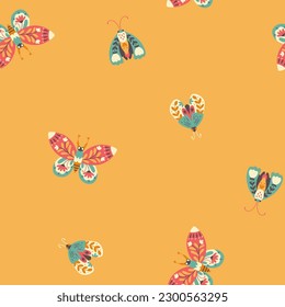 Moth seamless pattern. A butterfly decorated with a collection of flowers. Hand drawn doodle illustration in simple scandinavian style. Pastel palette. Vector on orange background