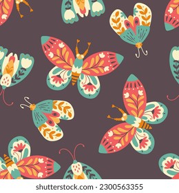 Moth seamless pattern. A butterfly decorated with a collection of flowers. Hand drawn doodle illustration in simple scandinavian style. Pastel palette. Vector on a dark purple background