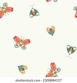 Moth seamless pattern. A butterfly decorated with a collection of flowers. Hand drawn doodle illustration in simple scandinavian style. Pastel palette. Vector on a white background