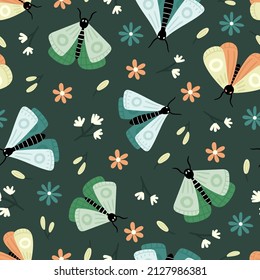 Moth seamless pattern with different floral elements. Doodle hand drawn Scandinavian style vector illustration.