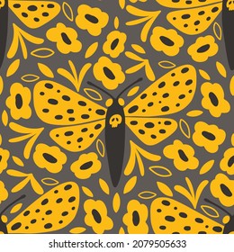 Moth seamless pattern. Hawkmoth and flowers mystical print. Black and yellow cute gothic background.