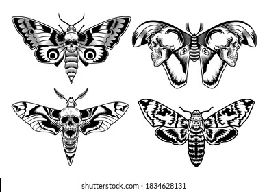 Moth with skull set. Scary butterfly in vintage style, monochrome death symbols collection. Vector illustration for tattoos templates or gothic culture concept