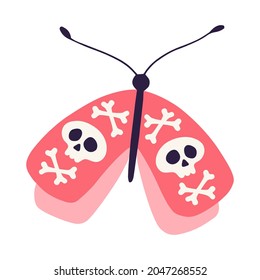 Moth with skulls and bones isolated on white background. Butterfly, Hawkmoth. Dead head and human skulls. Halloween, Day of the Dead illustration. Flat hand drawn vector 