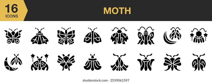 Moth solid icon set. Includes Rhopalocera, Moth, Insect, Butterfly, Animalia, and More. Solid icons vector collection.