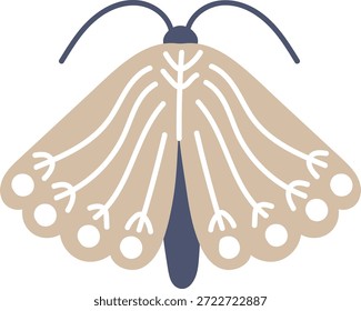 Traça com asa espalhada, padrão de veia decorativa, borda recortada e antena, vista frontal. Símbolo de noite, transformação, mistério e elegância da natureza. Ilustração de vetor de desenhos animados.