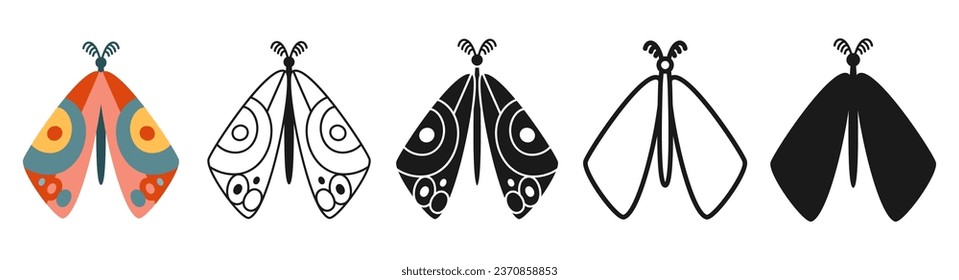 Moth stylized boho vintage set. Mystical bohemian retro butterfly symbol insect wings with ornament. Colored, silhouette or symbol, doodle tattoo, line ornate celestial moth. Decoration ornate vector