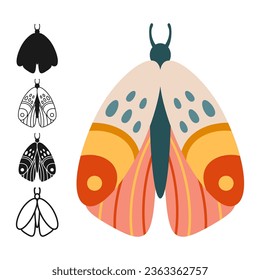 Moth stylized retro set. Mystical bohemian butterfly symbol insect wings with ornament. Colored, silhouette or symbol, doodle tattoo, line ornate celestial moth. Vintage decoration ornate drawn vector