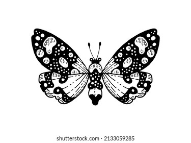 Moth tattoo. Butterfly vector black art. Universe wing moth. Celestial occult moon sketch. Line animal drawing design. Esoteric totem boho insect with space wings. Occult abstract astrology print