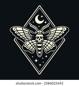 Moth tattoo style vector light illustration on dark background, gothic and mystical elements. Perfect for vintage, boho, occult, and esoteric designs