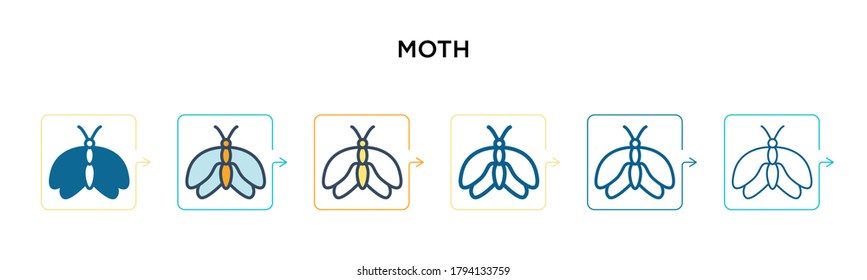 Moth vector icon in 6 different modern styles. Black, two colored moth icons designed in filled, outline, line and stroke style. Vector illustration can be used for web, mobile, ui