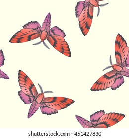 Moth. vector seamless pattern with hand drawn moths