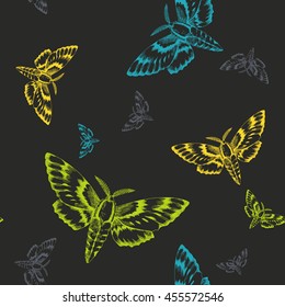 Moth. vector seamless pattern with hand drawn moths on dark background