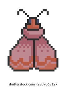 Moth with wide wings, blocky pixels, and retro sprite look in a frontal pose. Symbol of night, mystery, nostalgia, and arcade era charm. Cartoon vector illustration.