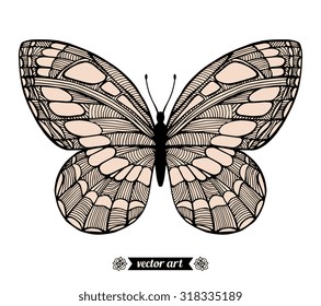 Moth, wildlife insect. Amazing butterfly. Vector. Hand drawn zentangle artwork. Creative bohemia concept for invitations, cards, tickets, branding, logo, label. Black and white, beige