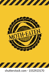 Moth-eaten black grunge emblem, yellow warning sign. Vector Illustration. Detailed.